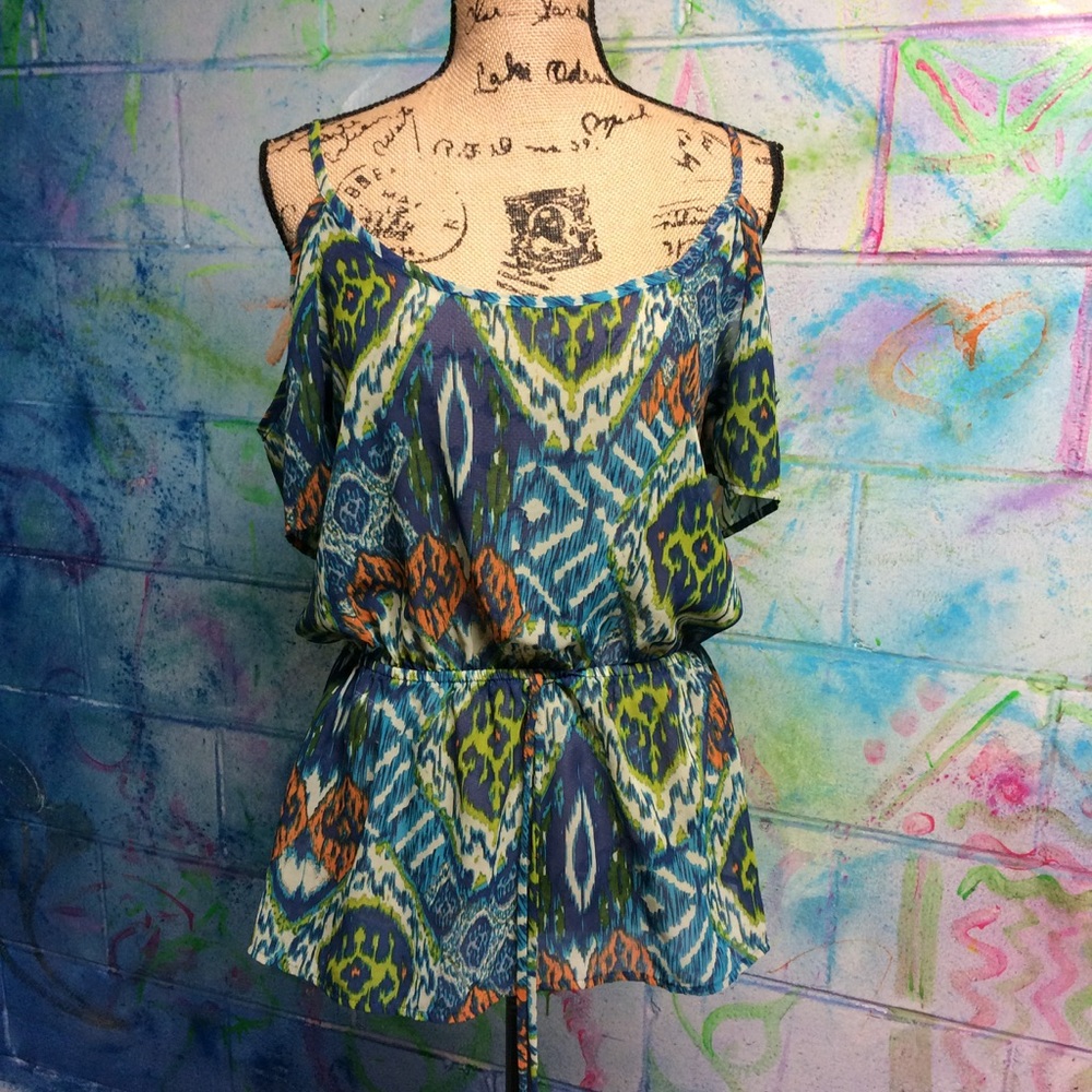 NWOT Sheer Patterned Cold Shoulder Blouse - Picture 3 of 5